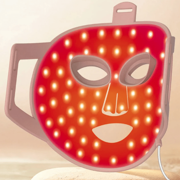 Close-up of RevivaRay LED face mask design showing 70 light therapy beads